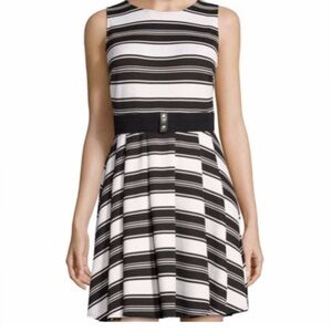 DANNY & NICOLE Black & White Striped Sleeveless Fit & Flare Belted Dress 8
